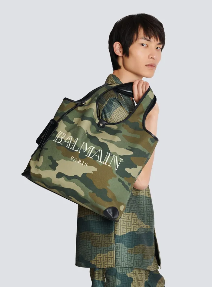 Balmain BArmy Grocery Bag In Camouflage Print Canvas Khaki Men Bags And Backpacks