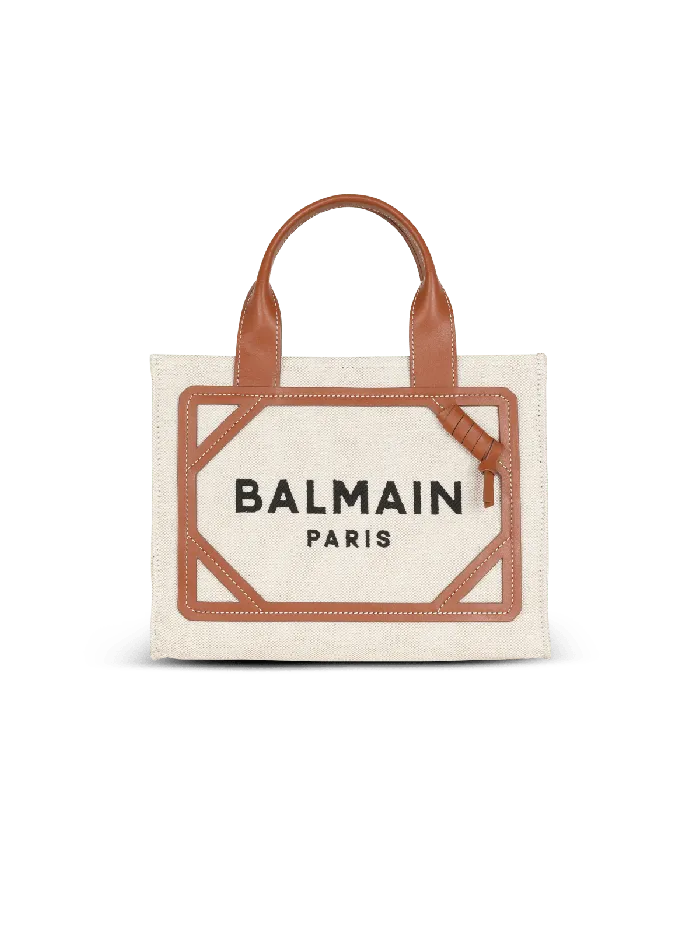Balmain BArmy Small Tote Bag In Canvas And Leather Beige Women Handbags