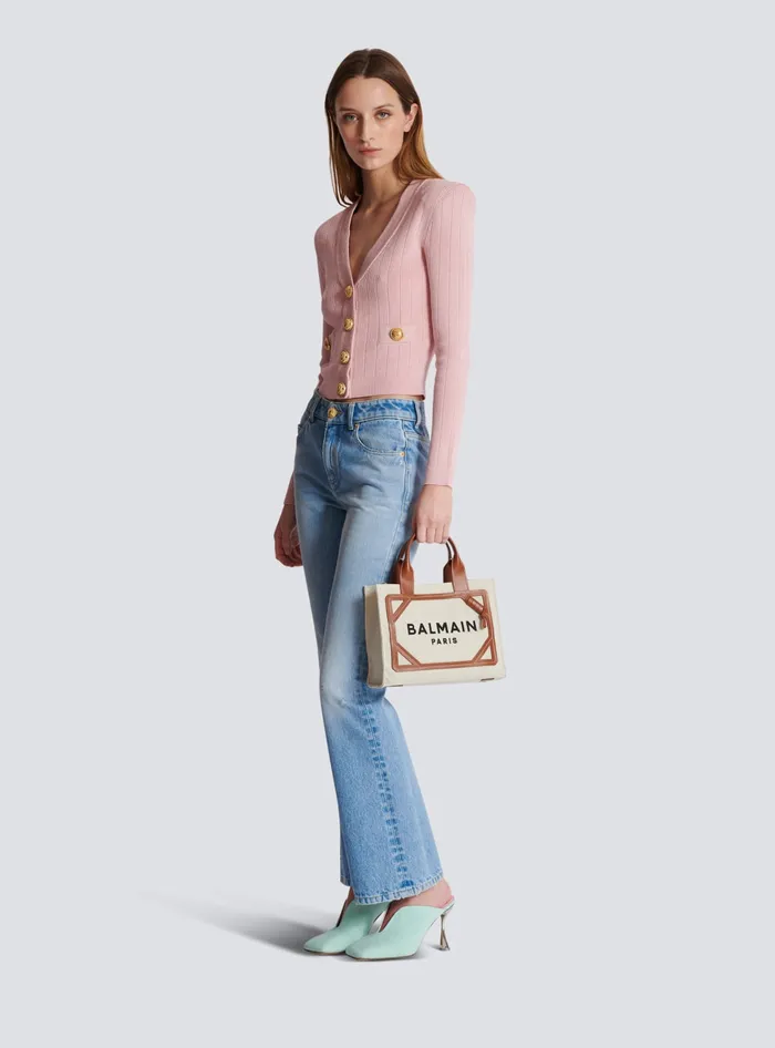 Balmain BArmy Small Tote Bag In Canvas And Leather Beige Women Handbags