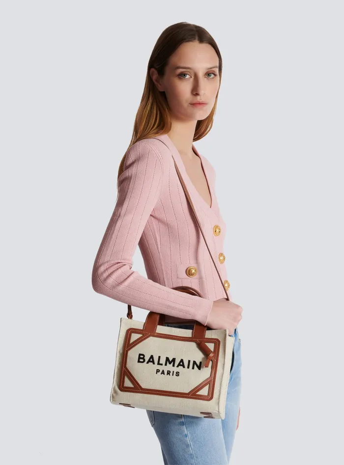 Balmain BArmy Small Tote Bag In Canvas And Leather Beige Women Handbags
