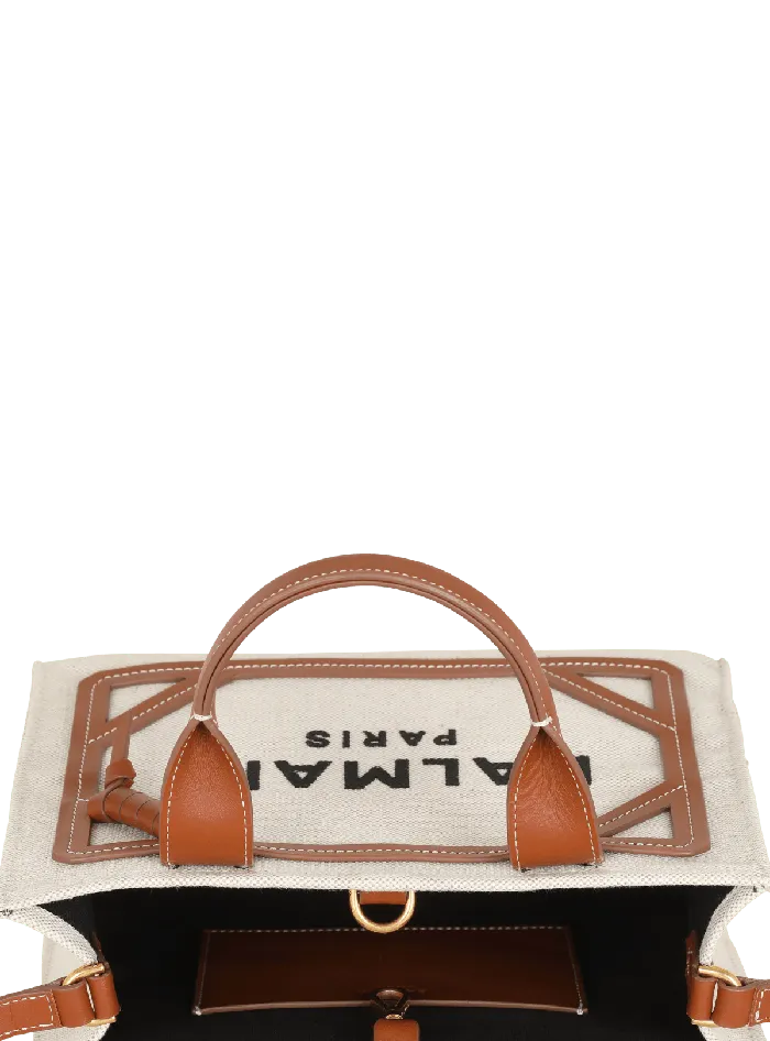 Balmain BArmy Small Tote Bag In Canvas And Leather Beige Women Handbags