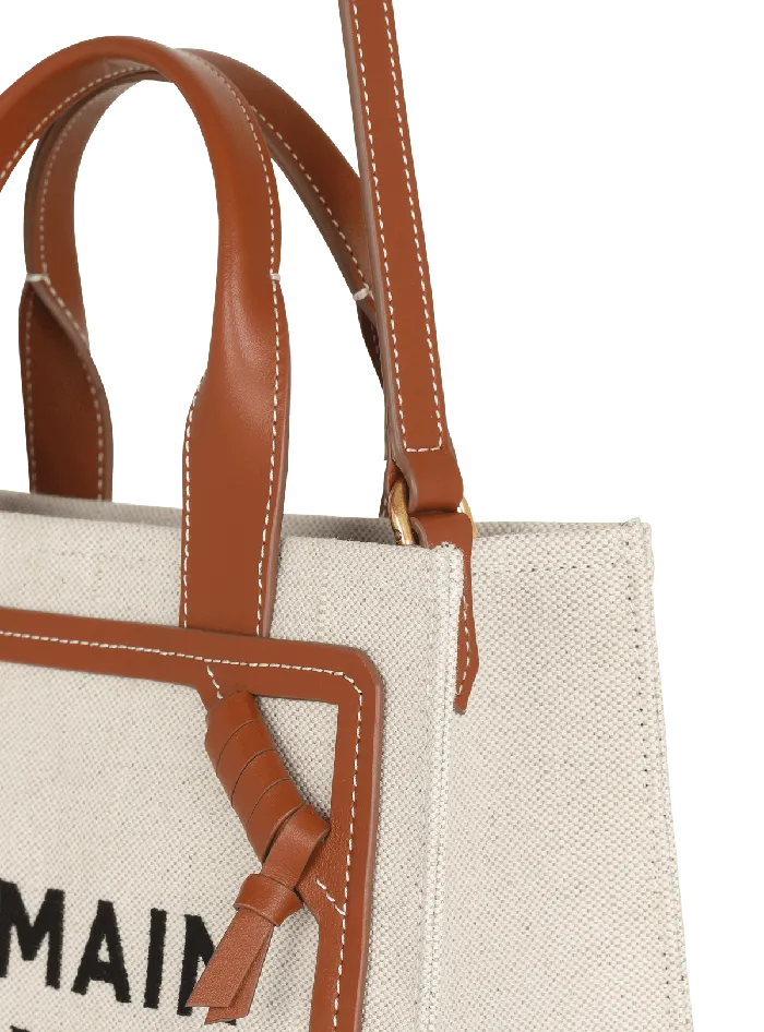 Balmain BArmy Small Tote Bag In Canvas And Leather Beige Women Handbags