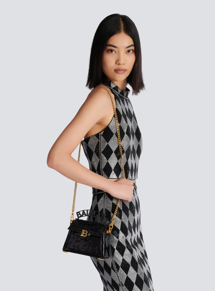 Balmain BBuzz Dynasty Small Bag In Leather And Sequins Black Women Handbags