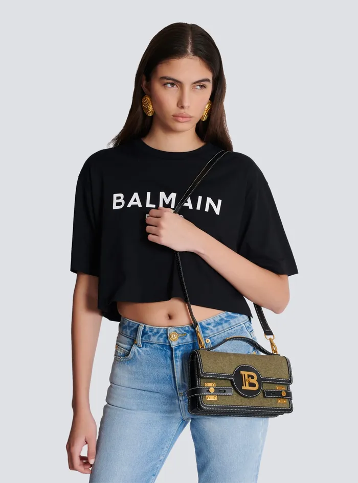 Balmain BBuzz Shoulder 24 Leather And Canvas Bag Khaki Women Handbags