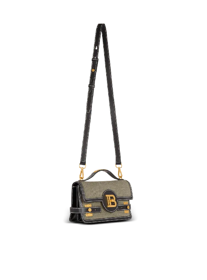 Balmain BBuzz Shoulder 24 Leather And Canvas Bag Khaki Women Handbags