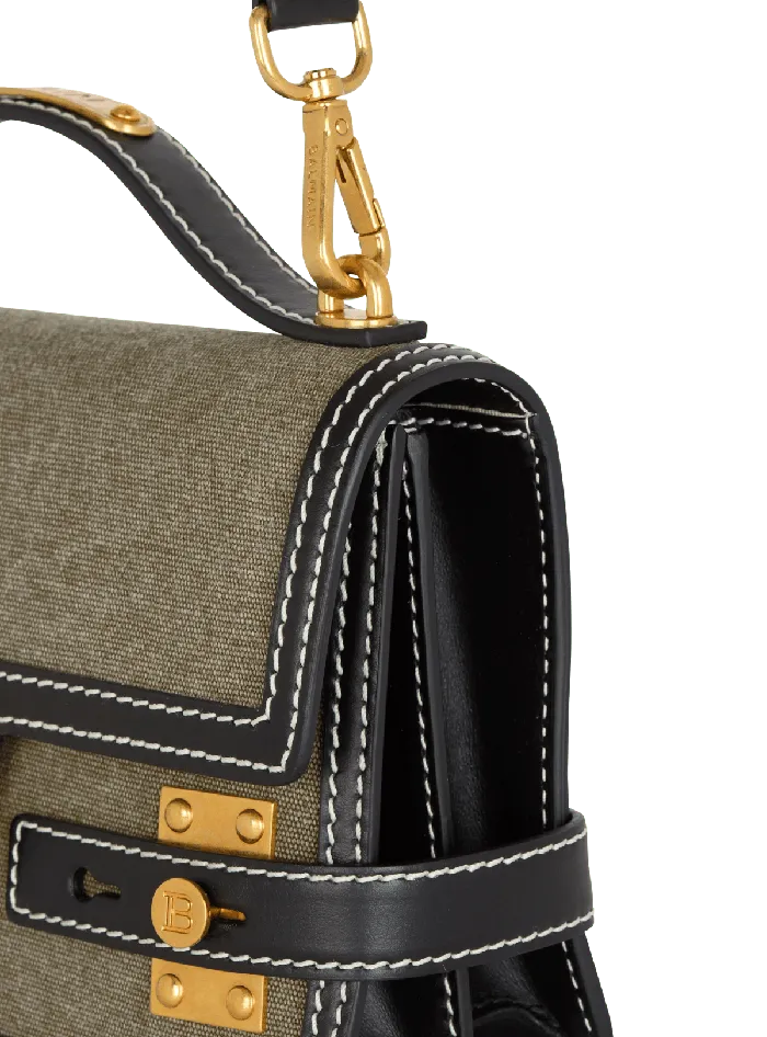 Balmain BBuzz Shoulder 24 Leather And Canvas Bag Khaki Women Handbags