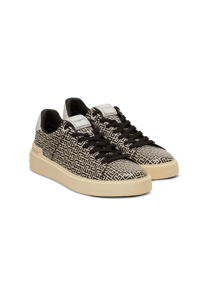 Balmain BCourt Flip Sneakers In Monogrammed Calfskin Black Men Sneakers