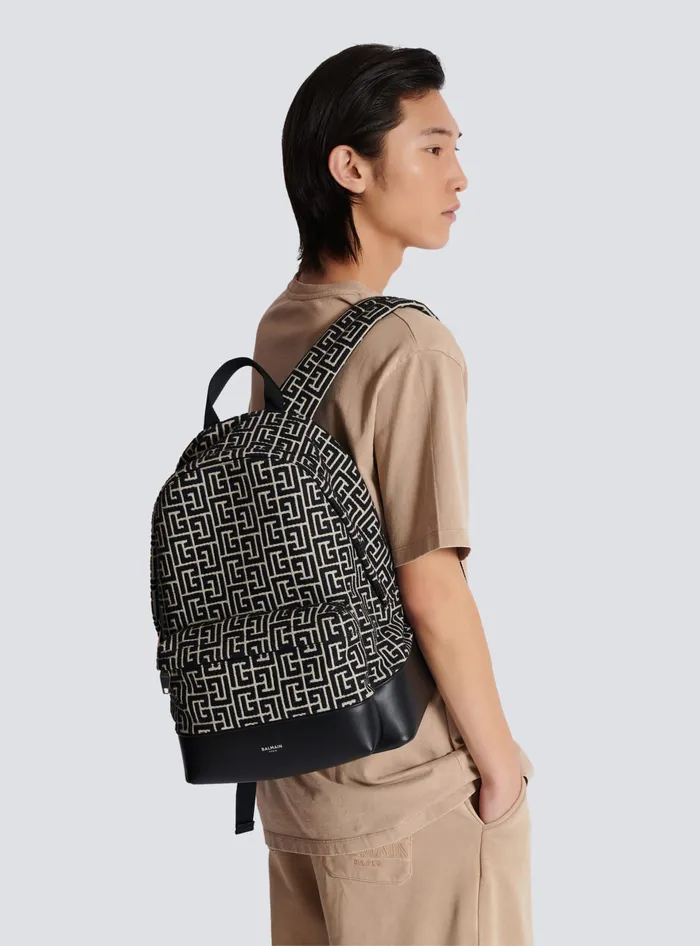 Balmain Backpack With Jacquard Monogram Black Men Bags And Backpacks