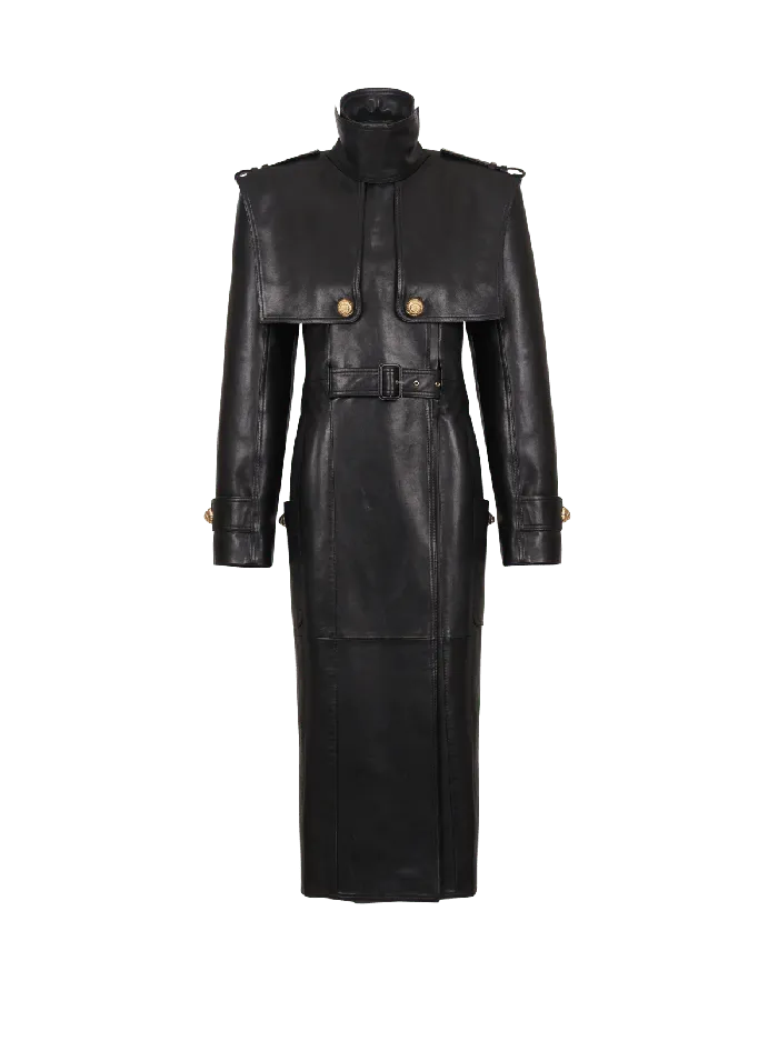 Balmain Belted Trench Coat In Lambskin Leather Black Women Outerwear