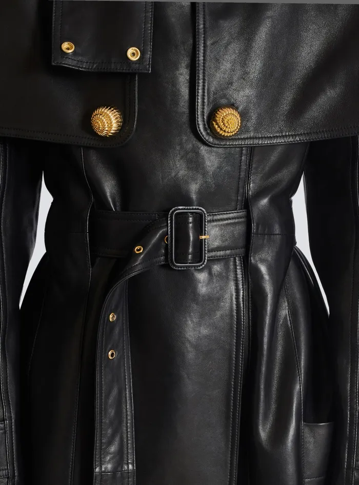Balmain Belted Trench Coat In Lambskin Leather Black Women Outerwear