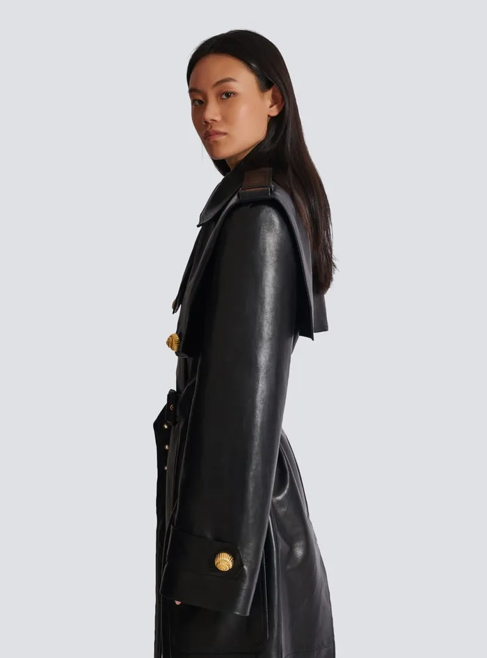 Balmain Belted Trench Coat In Lambskin Leather Black Women Outerwear
