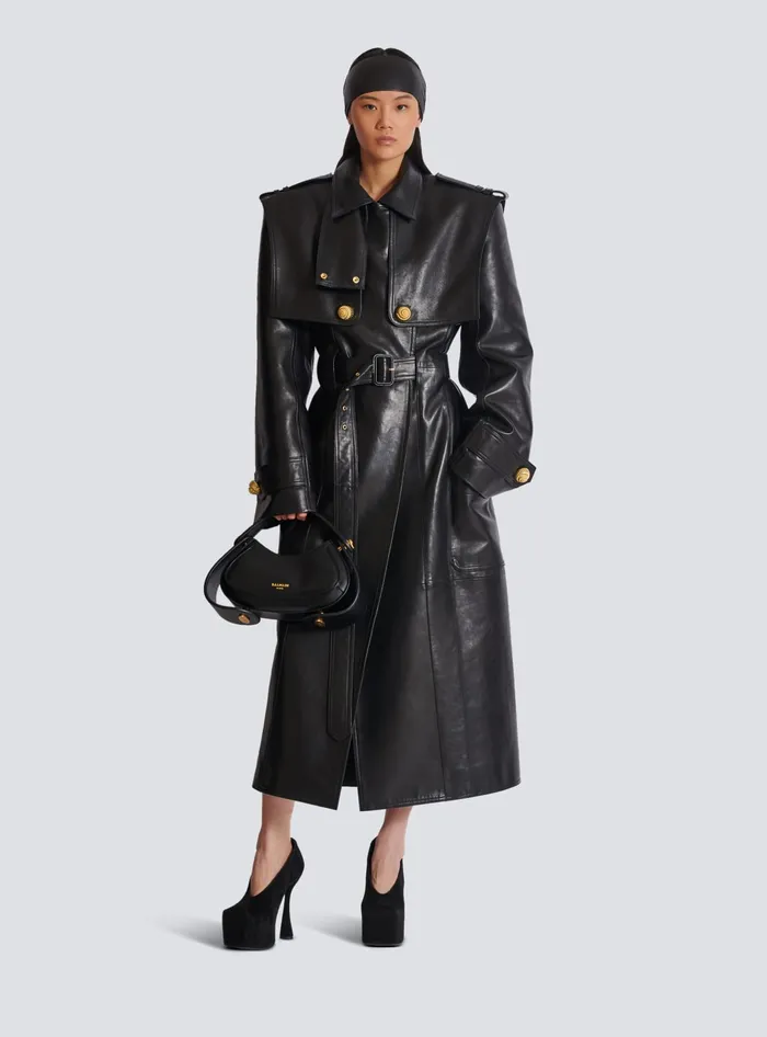 Balmain Belted Trench Coat In Lambskin Leather Black Women Outerwear