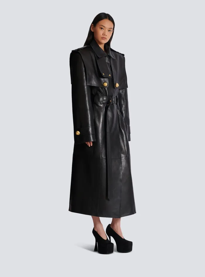 Balmain Belted Trench Coat In Lambskin Leather Black Women Outerwear