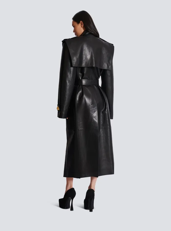 Balmain Belted Trench Coat In Lambskin Leather Black Women Outerwear