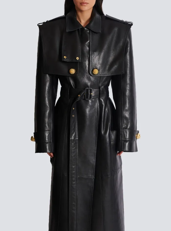 Balmain Belted Trench Coat In Lambskin Leather Black Women Outerwear
