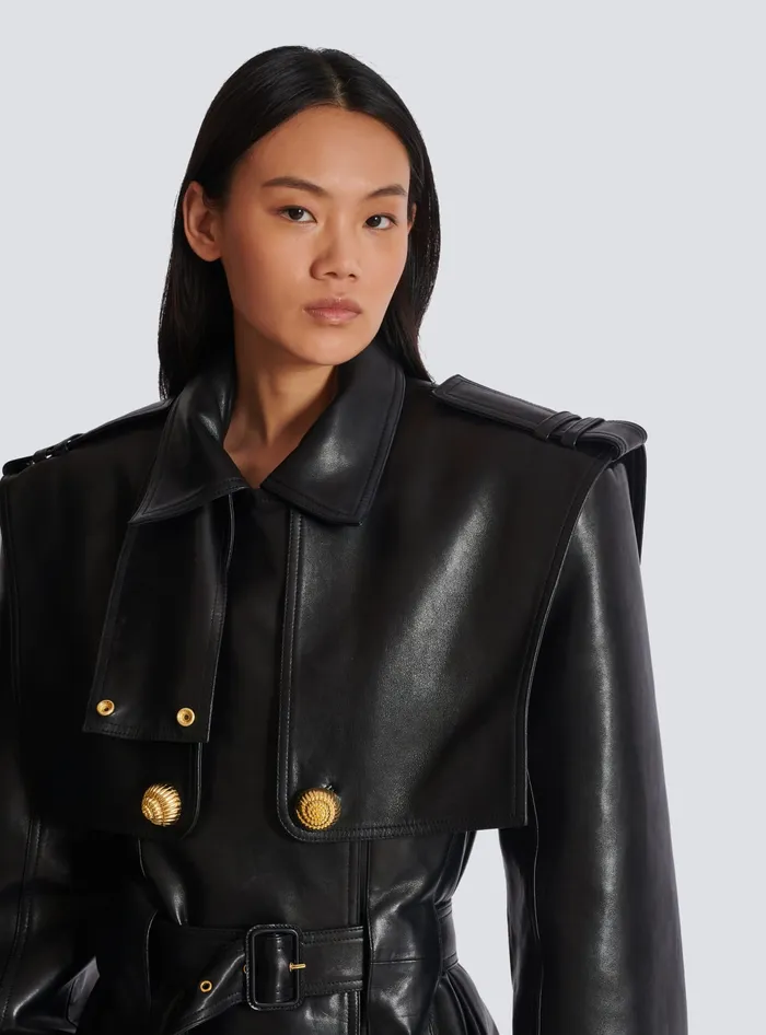 Balmain Belted Trench Coat In Lambskin Leather Black Women Outerwear