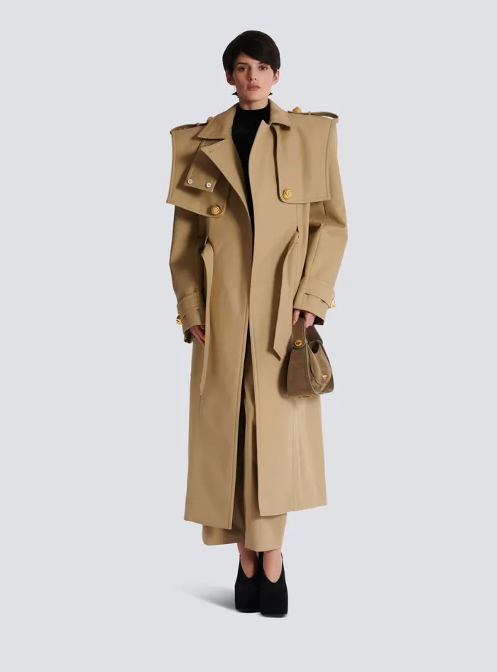 Balmain Belted Trench Coat In Waterrepellent Cotton Beige Women Outerwear