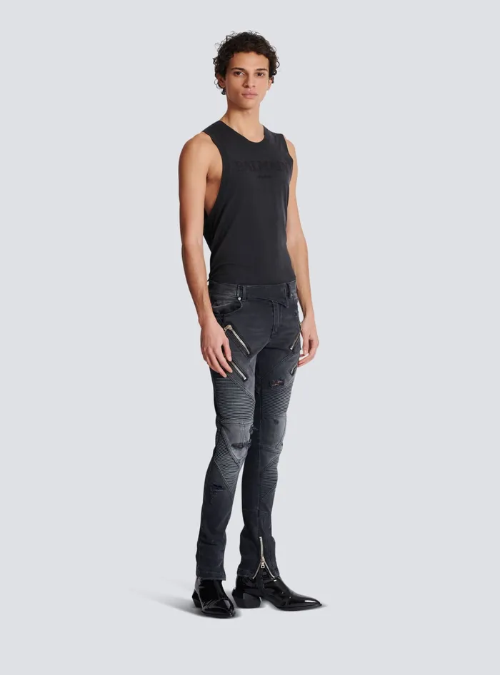 Balmain Biker Jeans In Faded Denim Black Men Denim