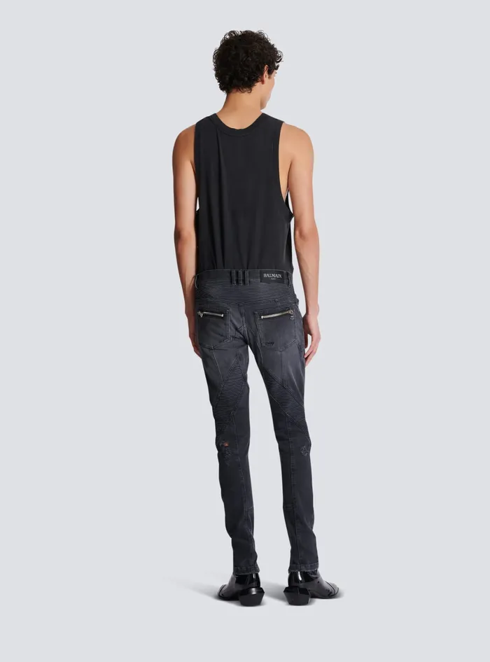 Balmain Biker Jeans In Faded Denim Black Men Denim