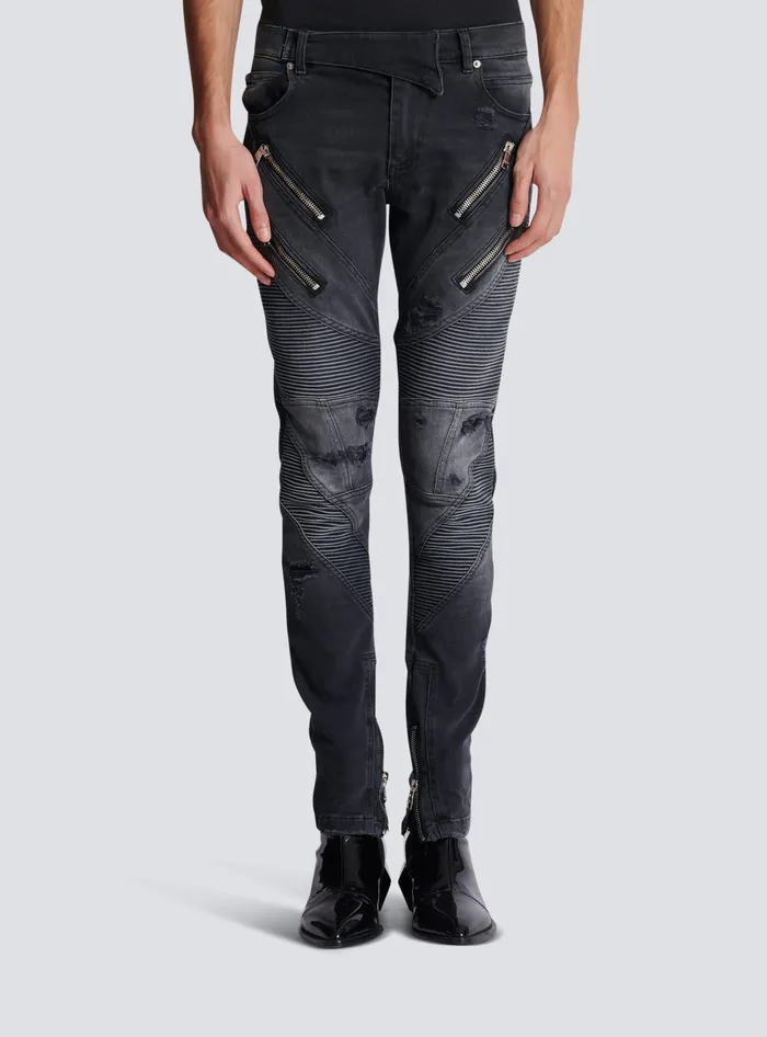 Balmain Biker Jeans In Faded Denim Black Men Denim