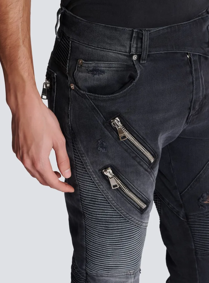 Balmain Biker Jeans In Faded Denim Black Men Denim
