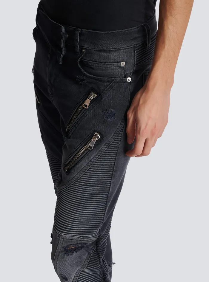 Balmain Biker Jeans In Faded Denim Black Men Denim
