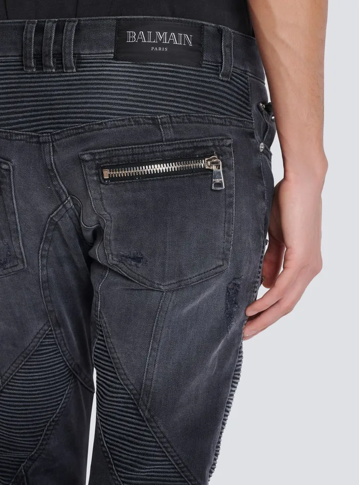 Balmain Biker Jeans In Faded Denim Black Men Denim