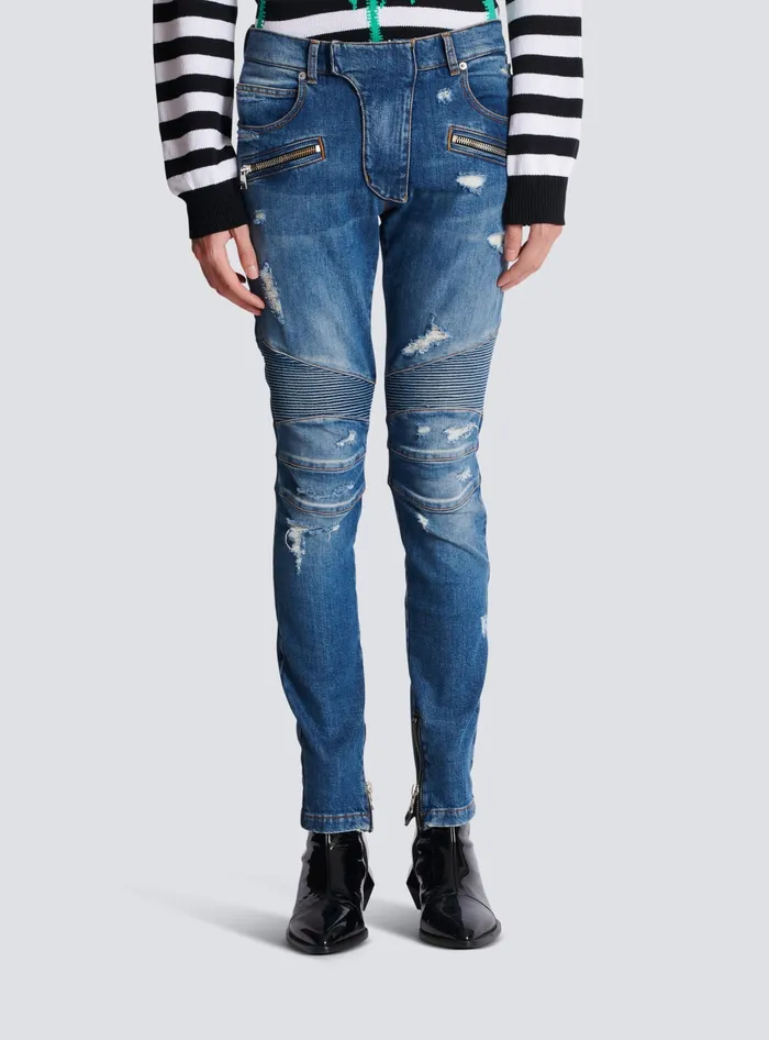 Balmain Biker Jeans In Faded Denim Blue Men Denim