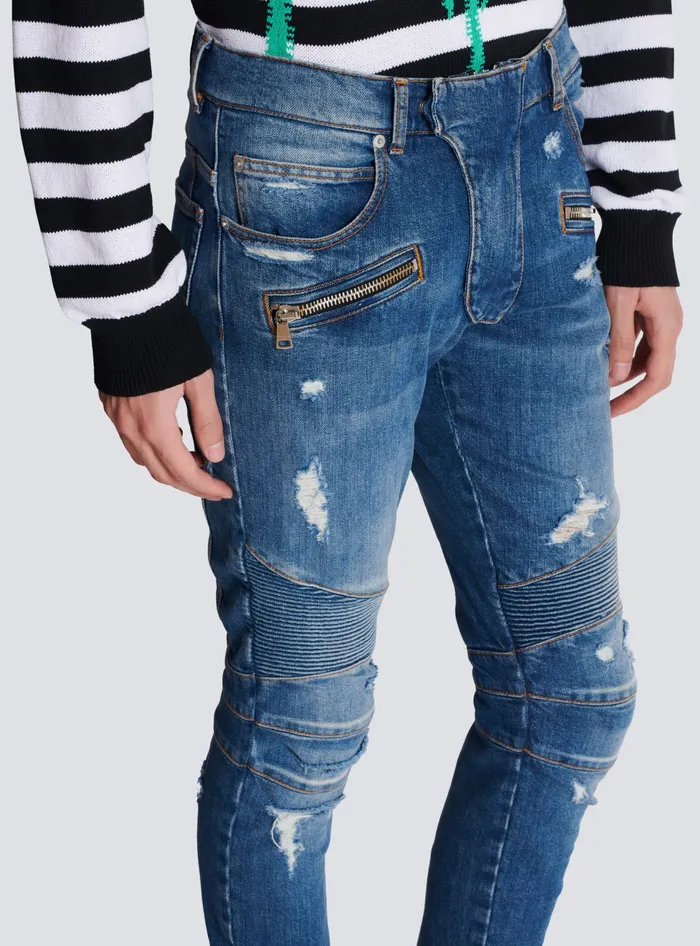 Balmain Biker Jeans In Faded Denim Blue Men Denim