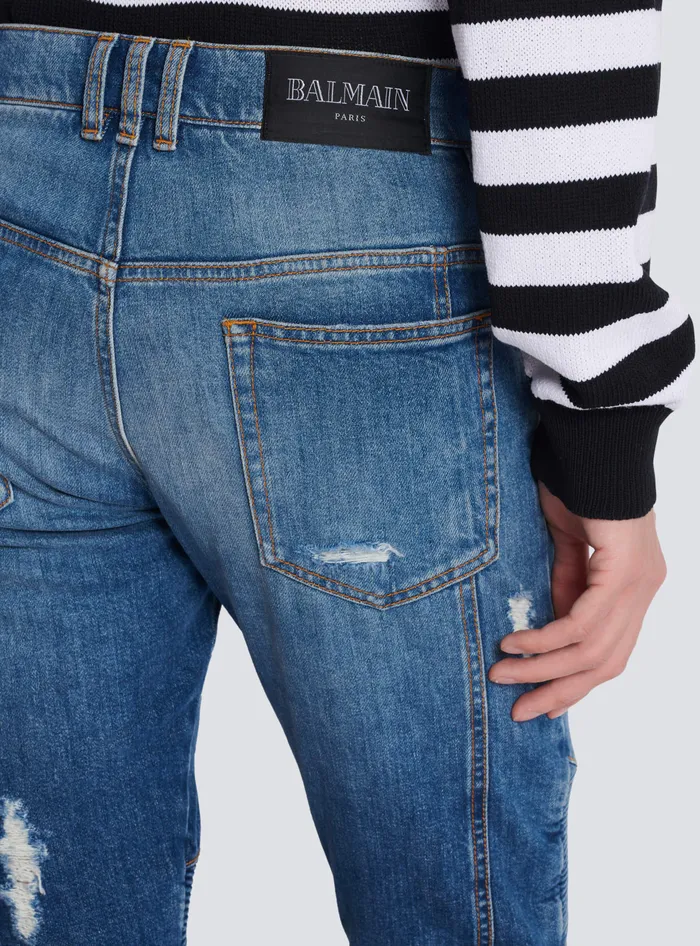 Balmain Biker Jeans In Faded Denim Blue Men Denim