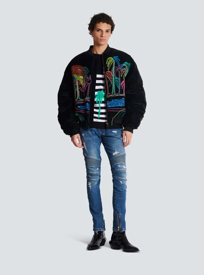 Balmain Bomber Jacket With Palm Tree Embroidery Black Men Outerwear