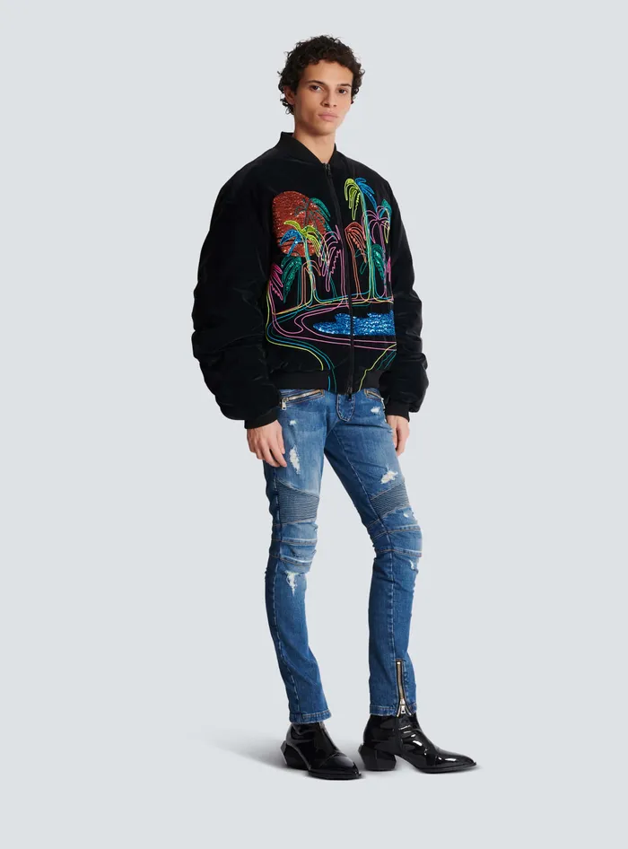 Balmain Bomber Jacket With Palm Tree Embroidery Black Men Outerwear