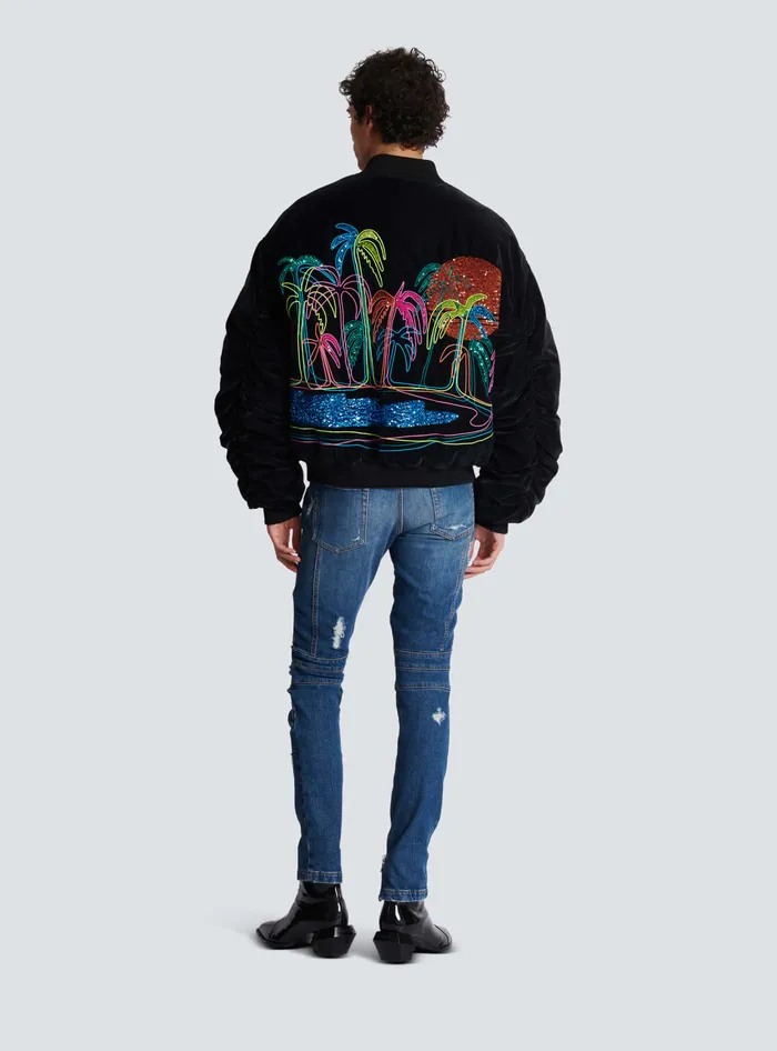 Balmain Bomber Jacket With Palm Tree Embroidery Black Men Outerwear
