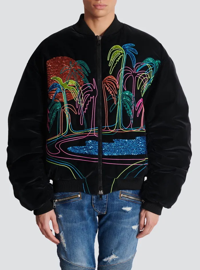 Balmain Bomber Jacket With Palm Tree Embroidery Black Men Outerwear