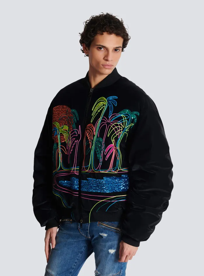 Balmain Bomber Jacket With Palm Tree Embroidery Black Men Outerwear