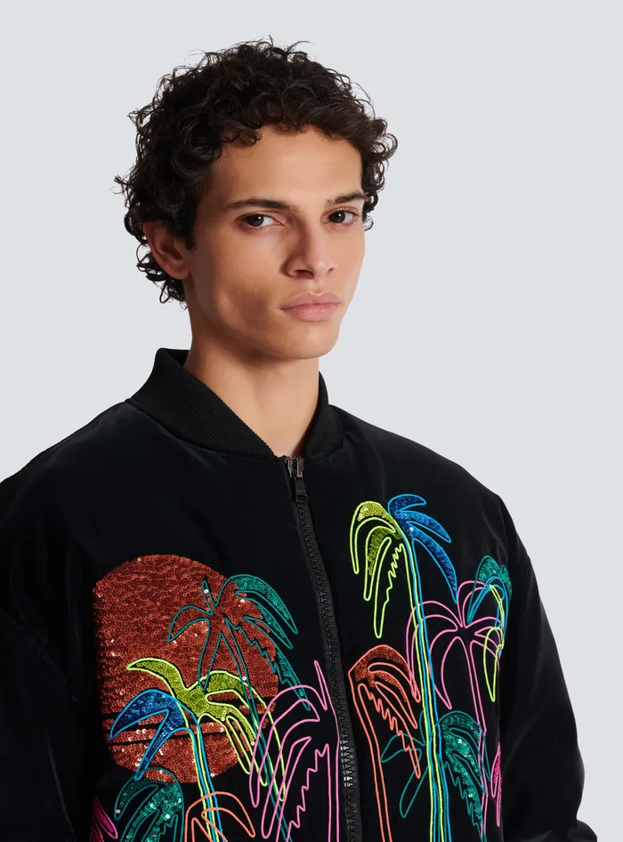 Balmain Bomber Jacket With Palm Tree Embroidery Black Men Outerwear
