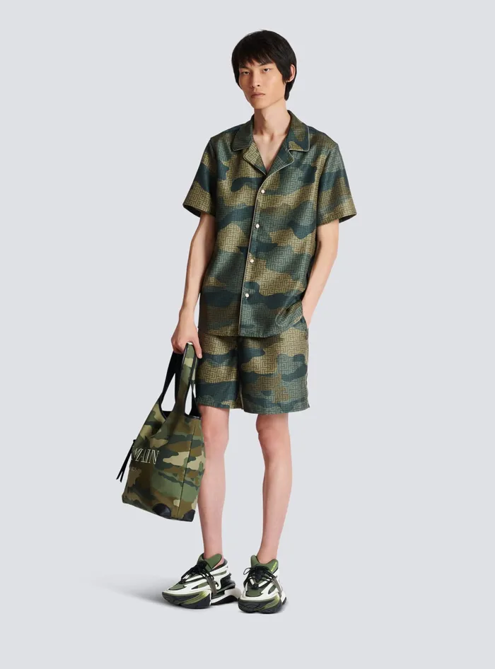 Balmain Camouflage Monogrammed Shantung Shorts Khaki Men Trousers And Shorts