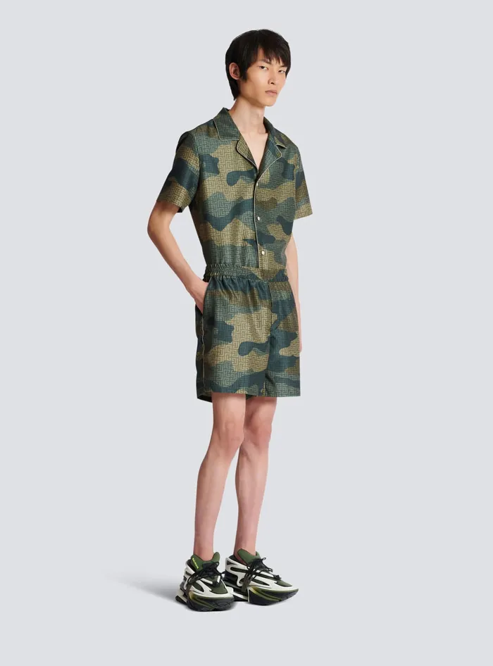 Balmain Camouflage Monogrammed Shantung Shorts Khaki Men Trousers And Shorts