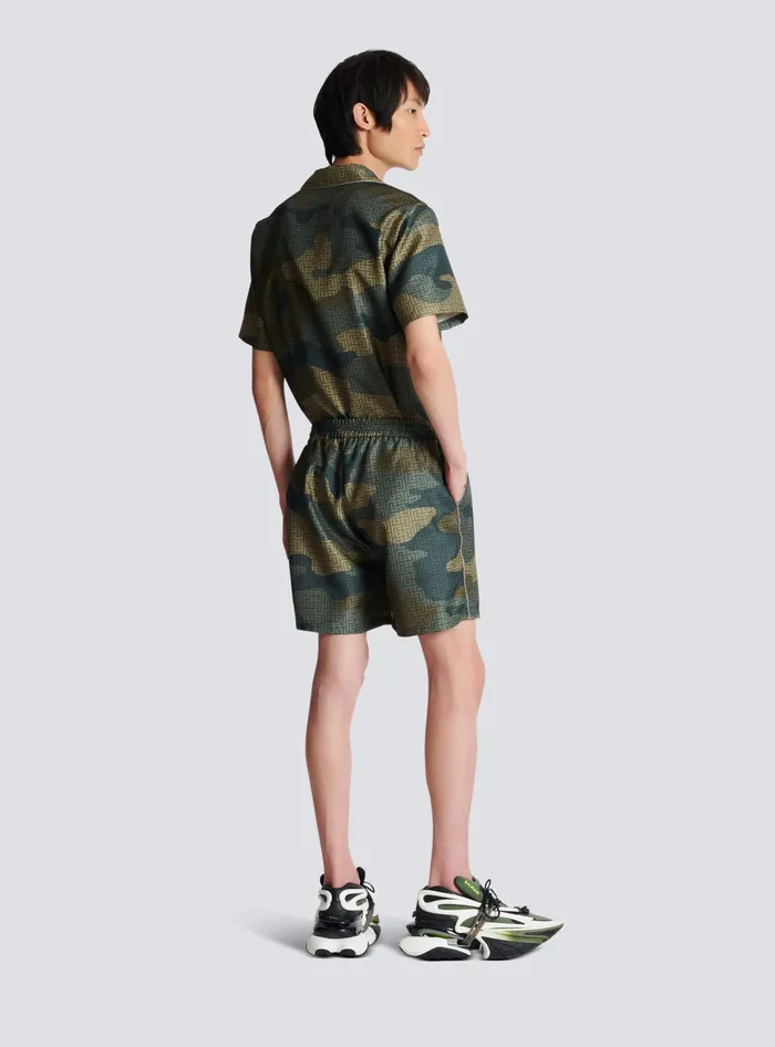 Balmain Camouflage Monogrammed Shantung Shorts Khaki Men Trousers And Shorts