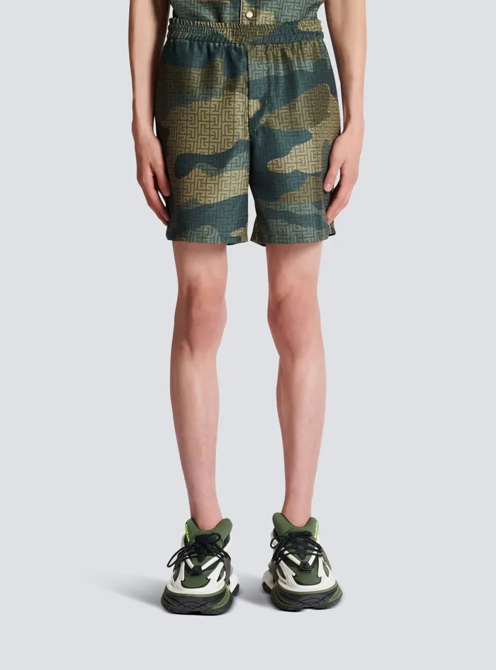 Balmain Camouflage Monogrammed Shantung Shorts Khaki Men Trousers And Shorts