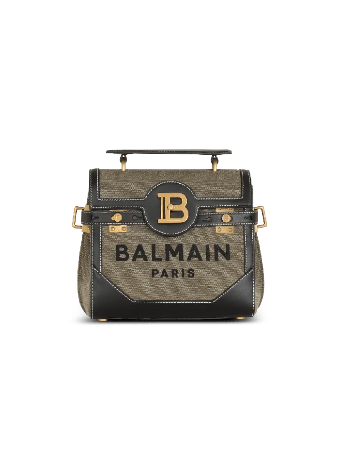Balmain Canvas BBuzz 23 Bag With Leather Panels Khaki Women Handbags
