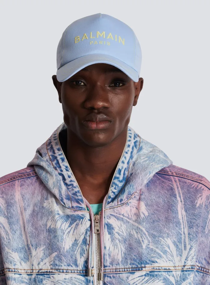 Balmain Cotton Cap With Paris Embroidery Blue Men Hats And Caps