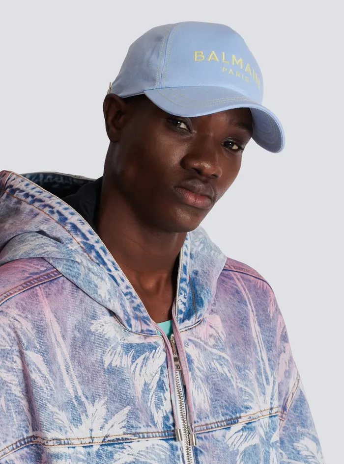Balmain Cotton Cap With Paris Embroidery Blue Men Hats And Caps