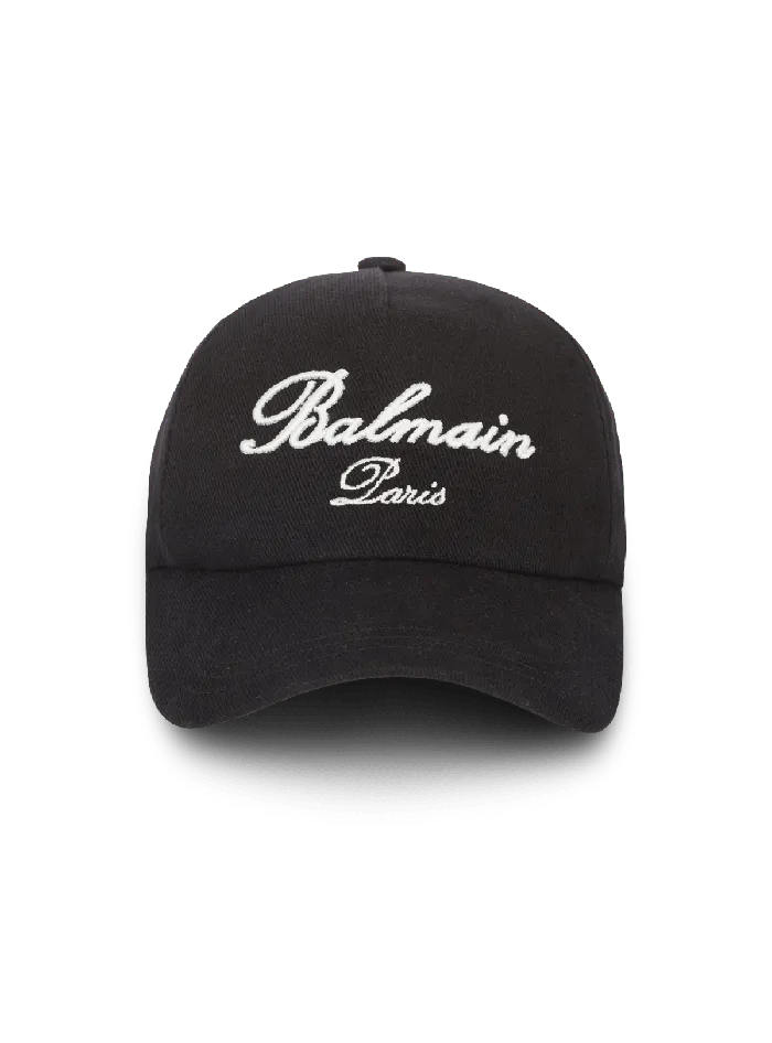 Balmain Cotton Cap With Signature Embroidery Black Men Hats And Caps