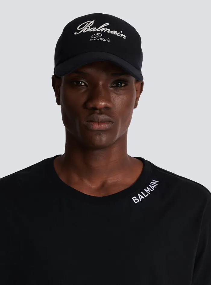 Balmain Cotton Cap With Signature Embroidery Black Men Hats And Caps