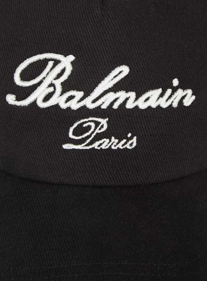 Balmain Cotton Cap With Signature Embroidery Black Men Hats And Caps