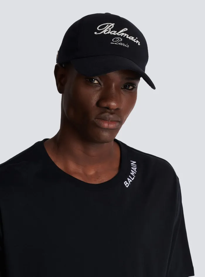Balmain Cotton Cap With Signature Embroidery Black Men Hats And Caps