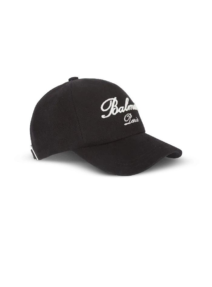 Balmain Cotton Cap With Signature Embroidery Black Men Hats And Caps