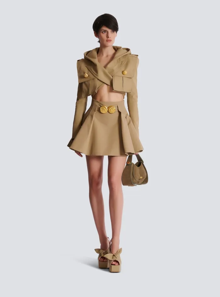 Balmain Cotton Cropped Hooded Jacket Beige Women Jackets And Blazers