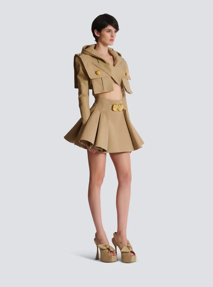 Balmain Cotton Cropped Hooded Jacket Beige Women Jackets And Blazers